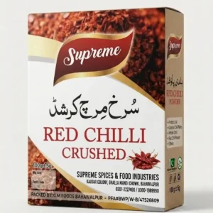 Supreme Red Chilli Crushed 100g product box packaging – Premium Chilli Flakes by Supreme Spices & Food Industries Bahawalpur.